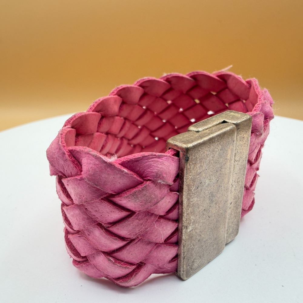 Pink Woven Braided Wide Cuff Bracelet Chunky Boho Statement Magnetic Clasp Gift